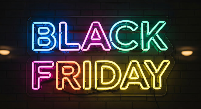 Neon sign displaying the words "Black Friday" in colorful neon lights.