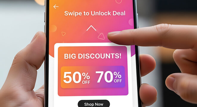 A hand holding a smartphone displaying a "BIG DISCOUNTS!" offer with 50% and 70% off, prompting to "Swipe to Unlock Deal".