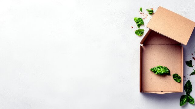 A top-down view of an open cardboard box with fresh green basil leaves and scattered crumbs on a light gray textured surface.