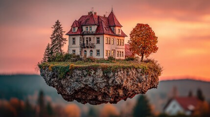 A whimsical estate, a beautiful mansion perched atop a floating island, bathed in the warm hues of a breathtaking sunset landscape.