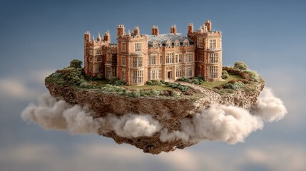 Floating Manor: An elaborate brick structure rests upon a verdant island suspended amongst ethereal clouds in a whimsical composition.