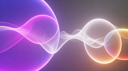 Abstract flowing luminous waves and bubbles in purple and orange gradient background