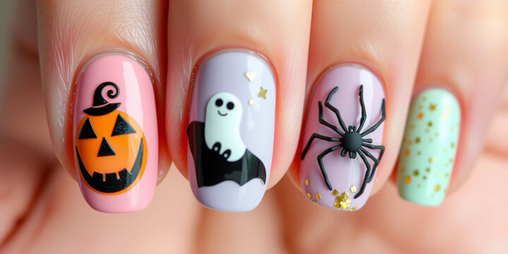 Halloween Themed Nail Art with Pumpkin Ghost and Spider