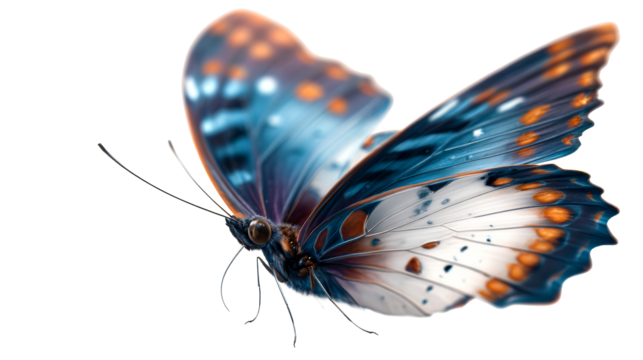 Detailed closeup of a blue and orange butterfly wing