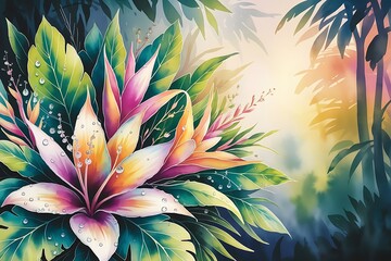 Watercolor of Tropical spring floral green leaves and flowers s isolated on transparent png background, bouquets greeting or wedding card decoration