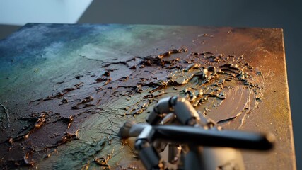 robot hand holds brush against paint on canvas. texture and art build across layered surface. studio arm and tool guide delicate impasto stroke. metallic mechanism interacts with color and medium. - Powered by Adobe