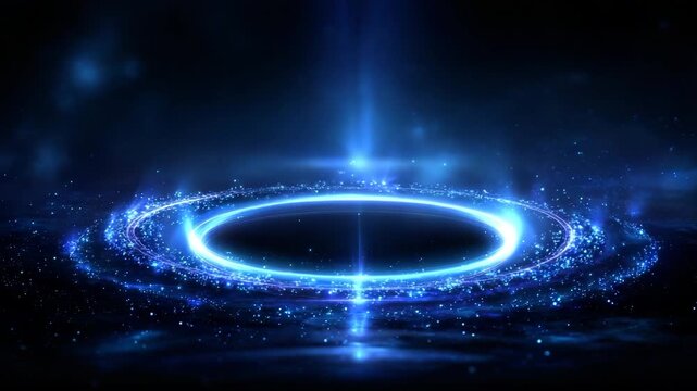 Futuristic glowing blue portal with swirling particles and light beams on a dark starry background