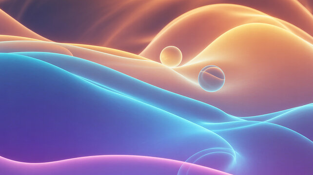 Abstract flowing waves of neon light in shades of blue, purple, and orange with glowing spheres