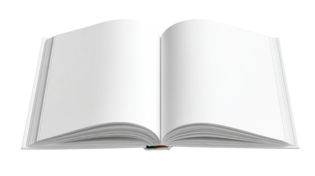 Open blank book with white pages on white background