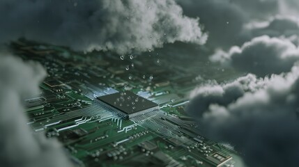 Technological Cloud Integration: A close-up shot of a sophisticated circuit board hovering amidst a sea of fluffy clouds, symbolizing cloud computing, data centers, and advanced technology. 