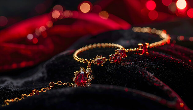 Luxury holiday jewelry scene with gold and ruby pieces on black velvet under rich red accent light.