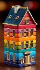 Vibrant miniature house features a rainbow of hues, tiny windows, and a blue roof, adding a touch of playful charm to any display.
