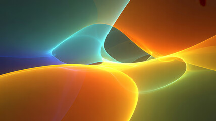 Abstract flowing light forms with vibrant orange, yellow, and blue colors creating a dynamic and energetic composition