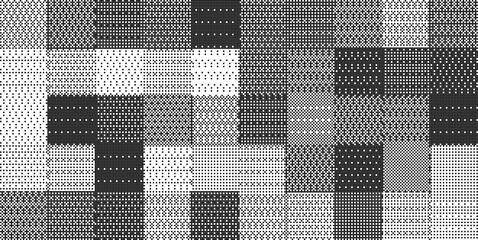 Pixel halftone pattern background. Black and white geometric grid with small squares and dots. Abstract mosaic texture in digital dither style. Modern minimal design. Vector illustration.