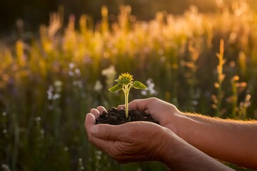 Sunflower Plant in Hands. Ecology concept. Nature Background