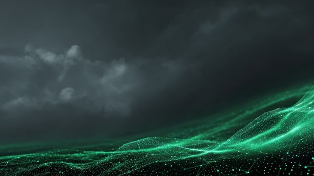 Abstract Glowing Digital Landscape: An abstract digital landscape with a neon green glow against a dark moody atmosphere, evokes sense of mystery.