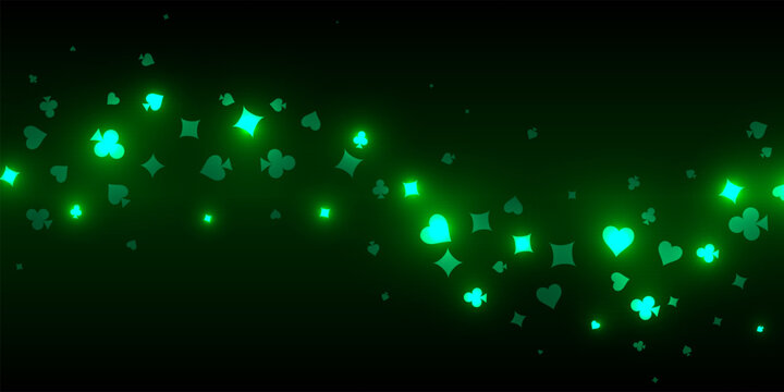 Casino pattern. Green flying glowing playing cards on black background. Sparkling hearts, clubs, diamonds and spades on dark. Online casino concept. Luxury vector illustration.