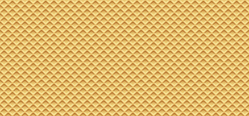 Ice cream cone background with golden waffle texture. Seamless diamond pattern with sweet crispy surface. Delicious dessert wall design. Realistic vector illustration.
