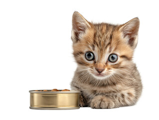 Little cat isolated, young kitten eating canned cat food, adorable kitten close-up portrait, isolated on a transparent background, professional pet photography, pet food advertising concept