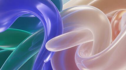 Abstract fluid forms in pastel colors, smooth glossy shapes intertwining with soft lighting