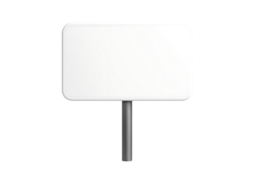 A 3d rendered blank white rounded corner horizontal rectangular street sign or billboard on a gray metal pole mockup isolated on transparent background