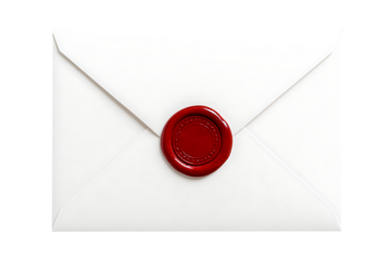 A pristine white envelope sealed with a classic round red wax seal, centered and ready to convey an important message or invitation isolated on transparent background