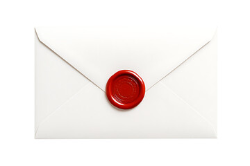 A classic pristine white envelope with a round red wax seal, perfect for an official letter, invitation, or secret important message isolated on transparent background
