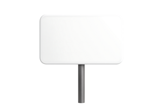 A 3d rendered blank white rounded corner horizontal rectangular street sign or billboard on a gray metal pole mockup isolated on transparent background