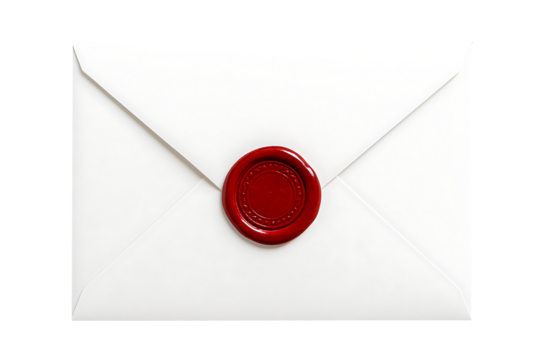 A pristine white envelope sealed with a classic round red wax seal, centered and ready to convey an important message or invitation isolated on transparent background