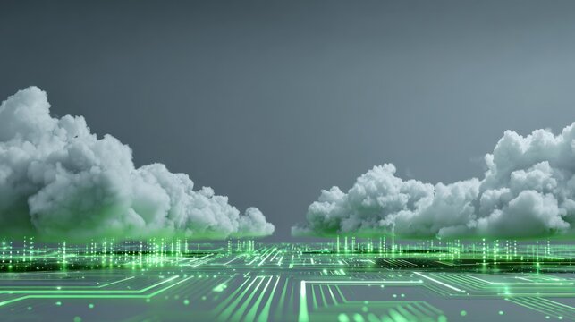 Cloud Technology: An abstract representation of cloud computing, showcasing digital clouds, and data transfer. Emphasizing the fusion of technology with information.