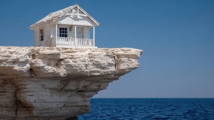 Isolated white cottage perched precariously on a limestone cliff edge overlooking the sea under a clear blue sky, evoking solitude and tranquility.