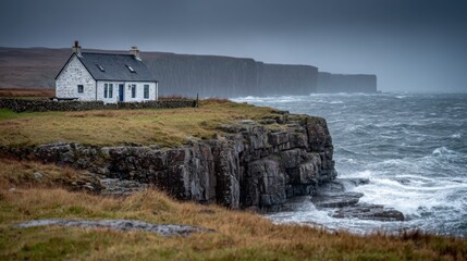 Remote cottage on a cliffside in stormy weather. The wild ocean crashes against the rocks, creating a dramatic coastal scene.