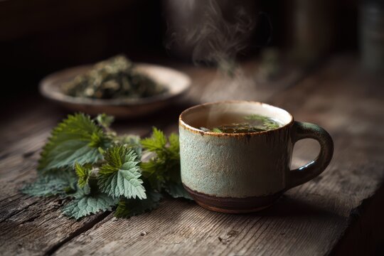 Natural nettle tea setting: warm light, wooden surface, fresh and dried nettles in backdrop