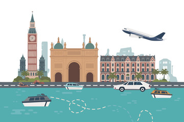 European city skyline vector illustration featuring landmarks like Big Ben and an arch with boats on the water and a plane in the sky