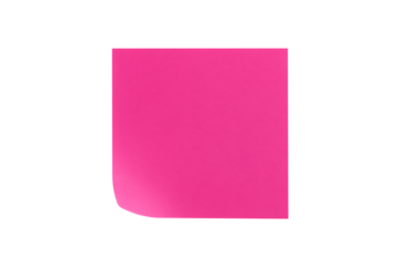 A bright pink sticky note with a curled lower corner is centered on a solid gray background isolated on transparent background