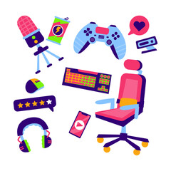 Gaming setup illustration featuring a chair, keyboard, microphone, gamepad, and headset