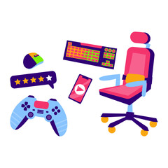 Gaming setup illustration Computer, keyboard, mouse, controller, and chair isolated on white background
