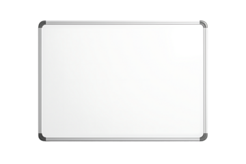 A blank rectangular dry-erase whiteboard with a silver aluminum frame is centered horizontally on a simple gray background isolated on transparent background