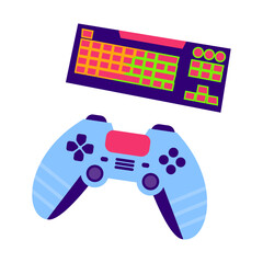 Vector illustration of a vibrant blue gaming controller and neon pink and green keyboard on white background