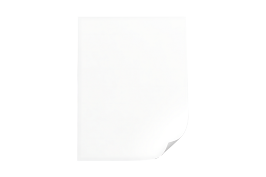 A simple blank white page with a gently curled lower right corner is presented on a neutral gray background isolated on transparent background