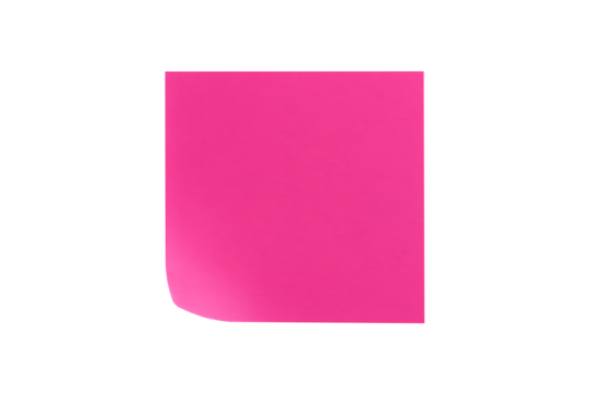 A bright pink sticky note with a curled lower corner is centered on a solid gray background isolated on transparent background
