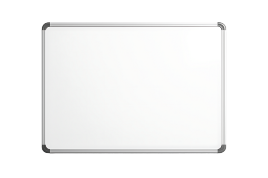 A blank rectangular dry-erase whiteboard with a silver aluminum frame is centered horizontally on a simple gray background isolated on transparent background