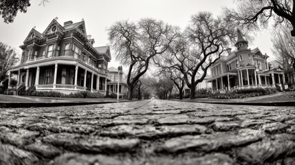 A monochrome composition showcases historic homes along a tree-lined street, captured from a low angle on the cobblestone surface.