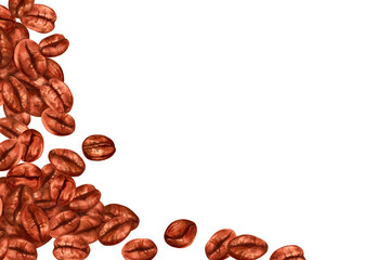Horizontal frame of coffee beans. The aroma of Robusta, Arabica. Watercolor, marker illustration. Template with space for text for cafes, restaurant. International Coffee Day. Hand drawn isolated art