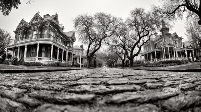 A monochrome composition showcases historic homes along a tree-lined street, captured from a low angle on the cobblestone surface.