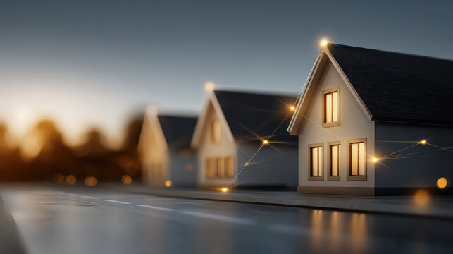 Modern smart home technology connects cozy suburban houses with glowing windows at dusk, creating warm and innovative neighborhood scene - Powered by Adobe