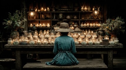 A person sits before a table laden with candles, adding warmth to a rustic space. The scene exudes tranquility and simple living.