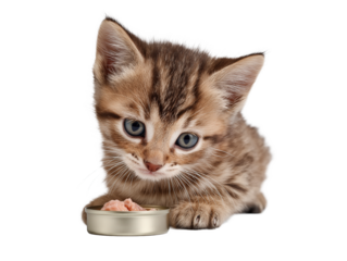 Little cat isolated, young kitten eating canned cat food, adorable kitten close-up portrait, isolated on a transparent background, professional pet photography, pet food advertising concept