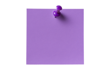 Single purple thumbtack pressing down on a square lavender note paper sheet simple office supply isolated on transparent background