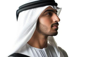 Middle Eastern man in white keffiyeh looking sideways
